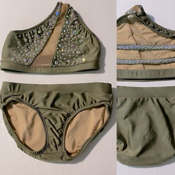 AA dance costume 2 piece set green custom sparkly rhinestoned premium XSA - Picture 3 of 13